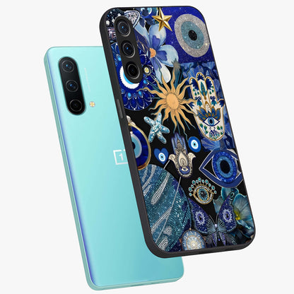Evil Eye Charm Mix Glass Case displayed in angled mockup highlighting protective evil eye symbols with spiritual aesthetic design.