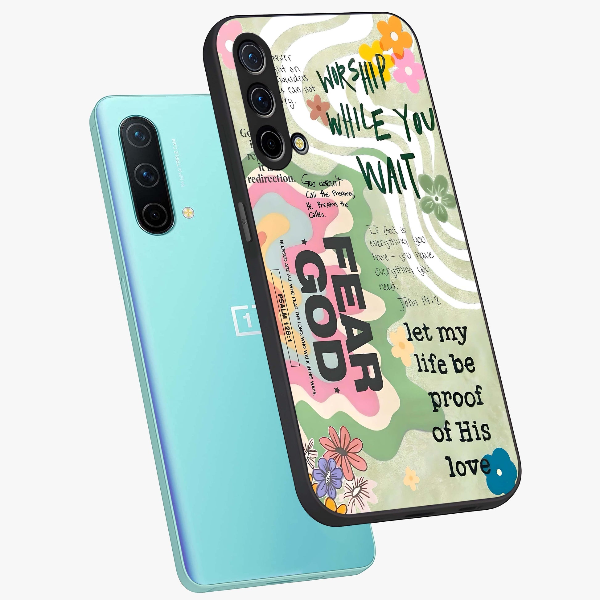 Faith Over Fear Glass Case displayed in angled mockup highlighting inspirational message design with modern aesthetic style.
