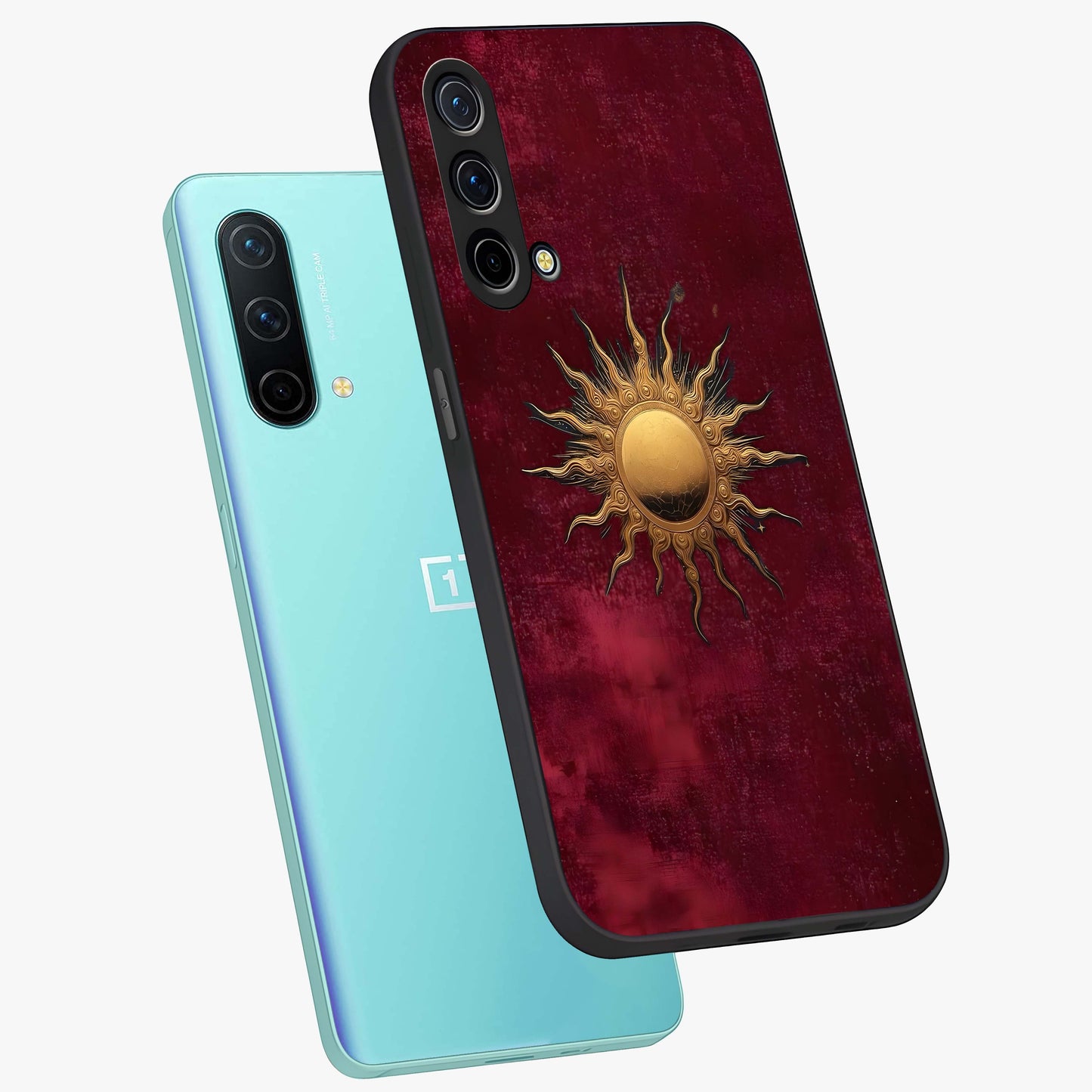 Golden Sun Minimalism Glass Case displayed in angled mockup highlighting clean sun symbol design with modern minimal aesthetic.