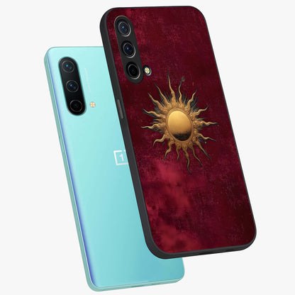 Golden Sun Minimalism Glass Case displayed in angled mockup highlighting clean sun symbol design with modern minimal aesthetic.