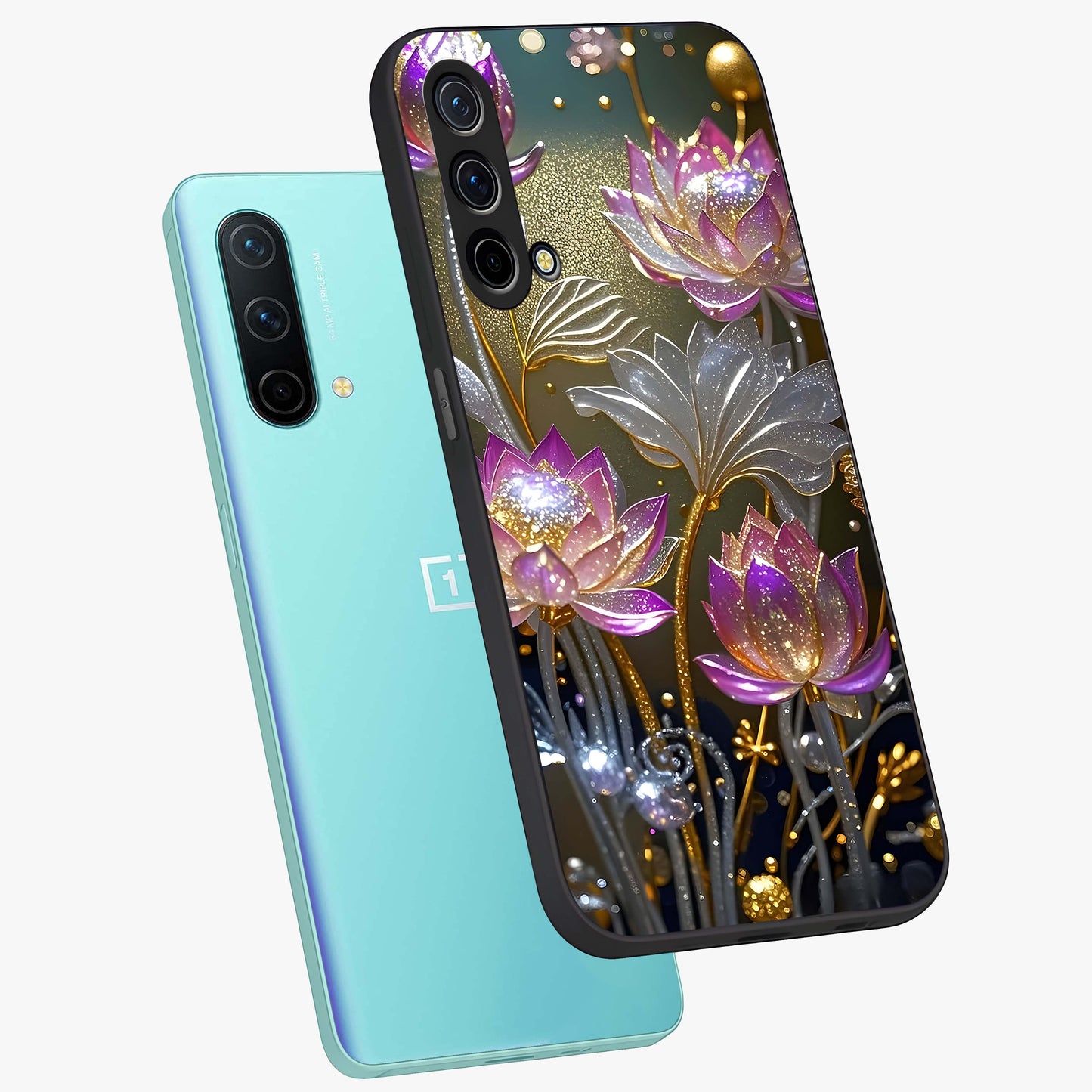 Golden Floral Majesty Glass Case displayed in angled mockup highlighting elegant flower design with royal golden aesthetic.