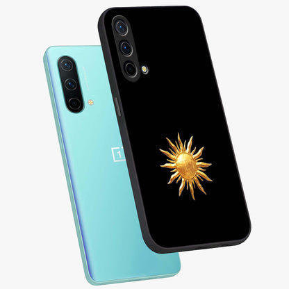 Golden Sun Minimalism Glass Case displayed in angled mockup highlighting eerie shadow illustration with gothic aesthetic.