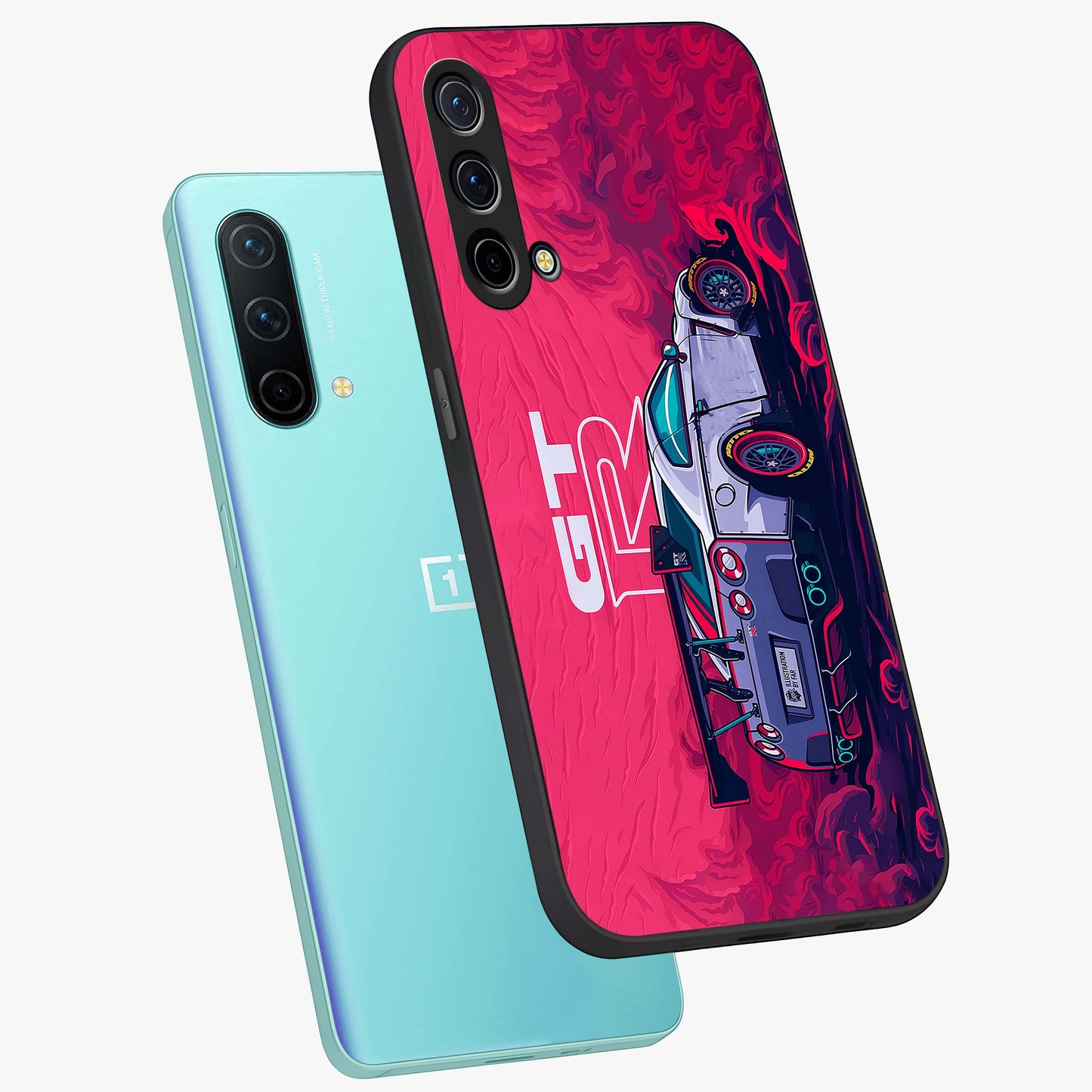 GT-R Car Pattern Glass Case displayed in angled mockup highlighting racing car graphic design with bold automotive aesthetic.