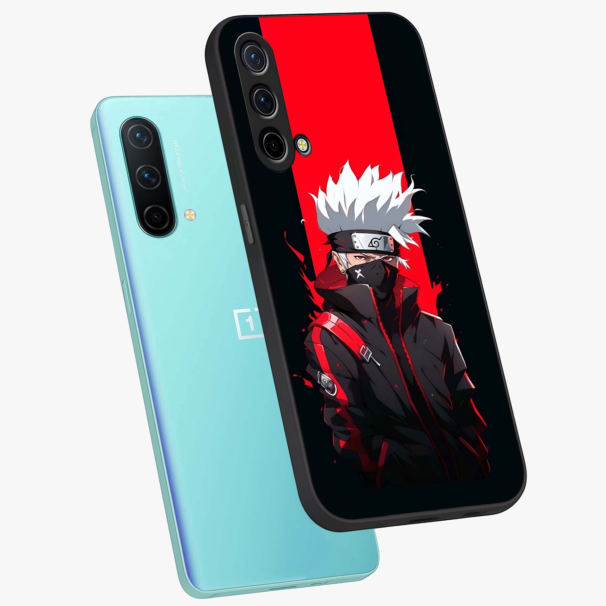 Kakashi Scarlet Shadow Glass Case displayed in angled mockup highlighting dramatic ninja illustration with scarlet themed aesthetic.