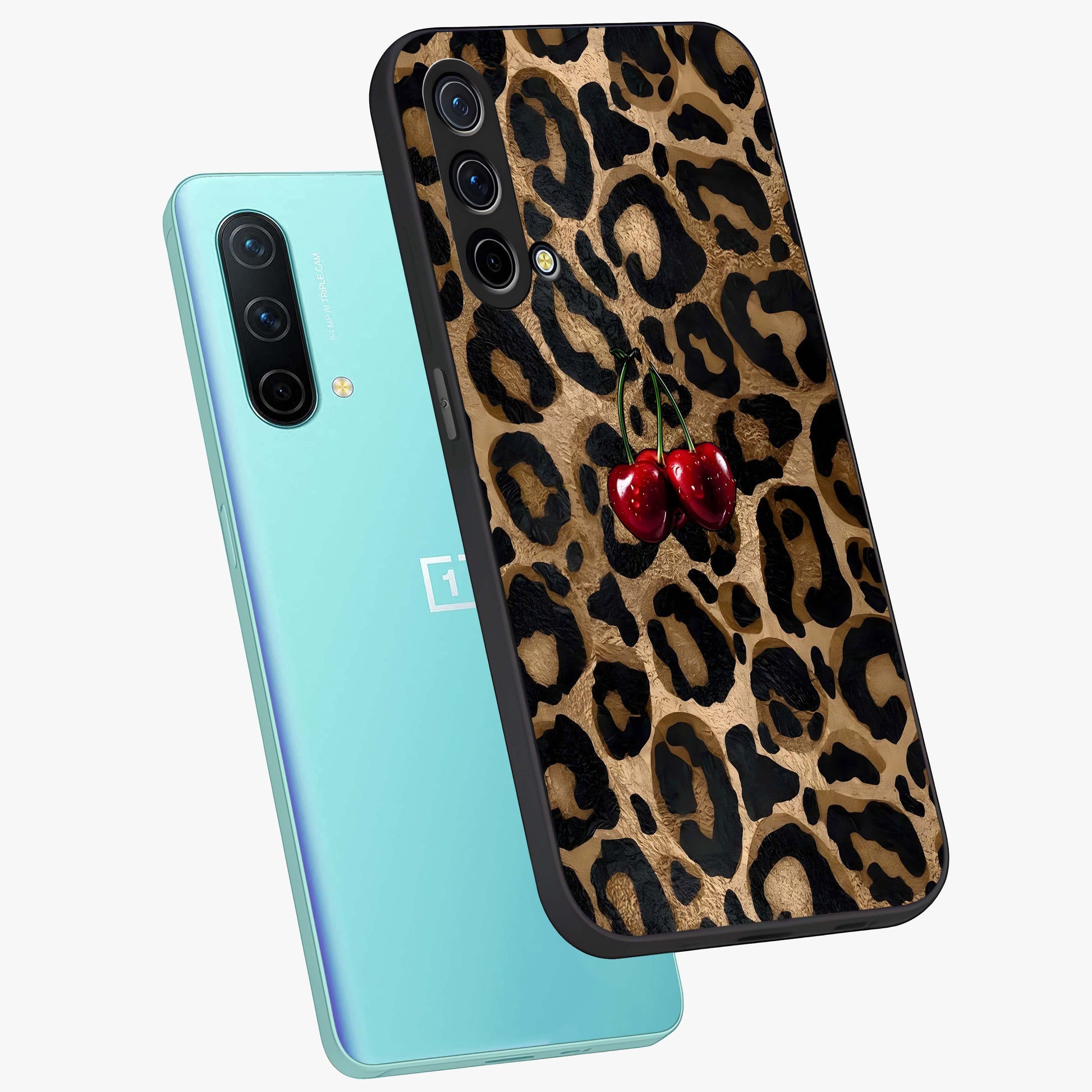 Leopard Wild Cherry Glass Case displayed in angled mockup highlighting bold animal print design with playful cherry aesthetic.