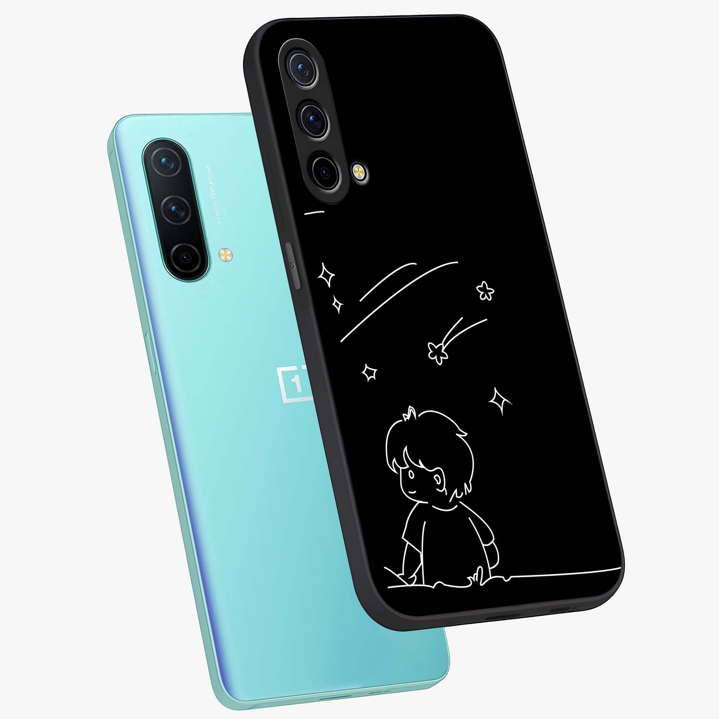 Line Art Boy With Shooting Stars Glass Case displayed in angled mockup highlighting elegant line art design with dreamy star aesthetic.
