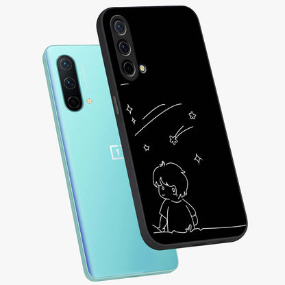 Line Art Boy With Shooting Stars Glass Case displayed in angled mockup highlighting elegant line art design with dreamy star aesthetic.