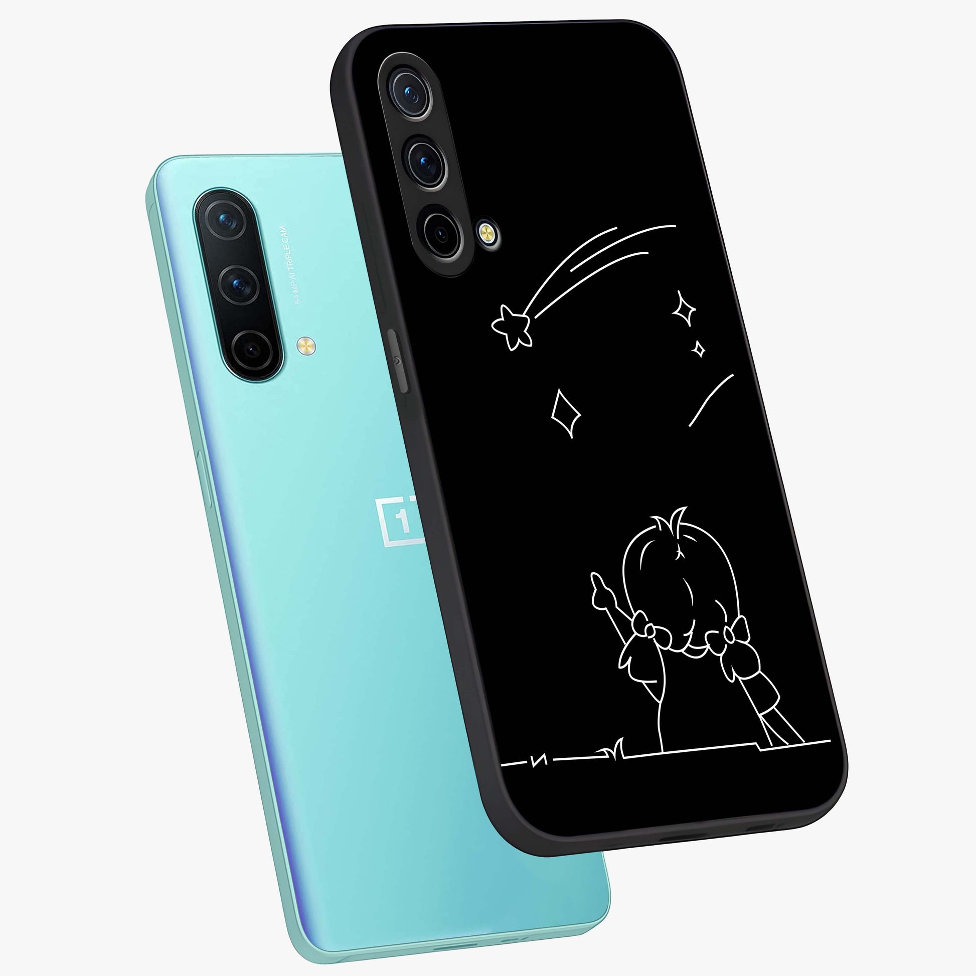 Line Art Girl With Shooting Stars Glass Case displayed in angled mockup highlighting elegant line art design with dreamy star aesthetic.