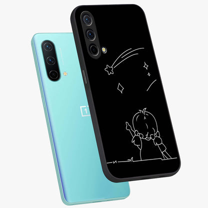 Line Art Girl With Shooting Stars Glass Case displayed in angled mockup highlighting elegant line art design with dreamy star aesthetic.