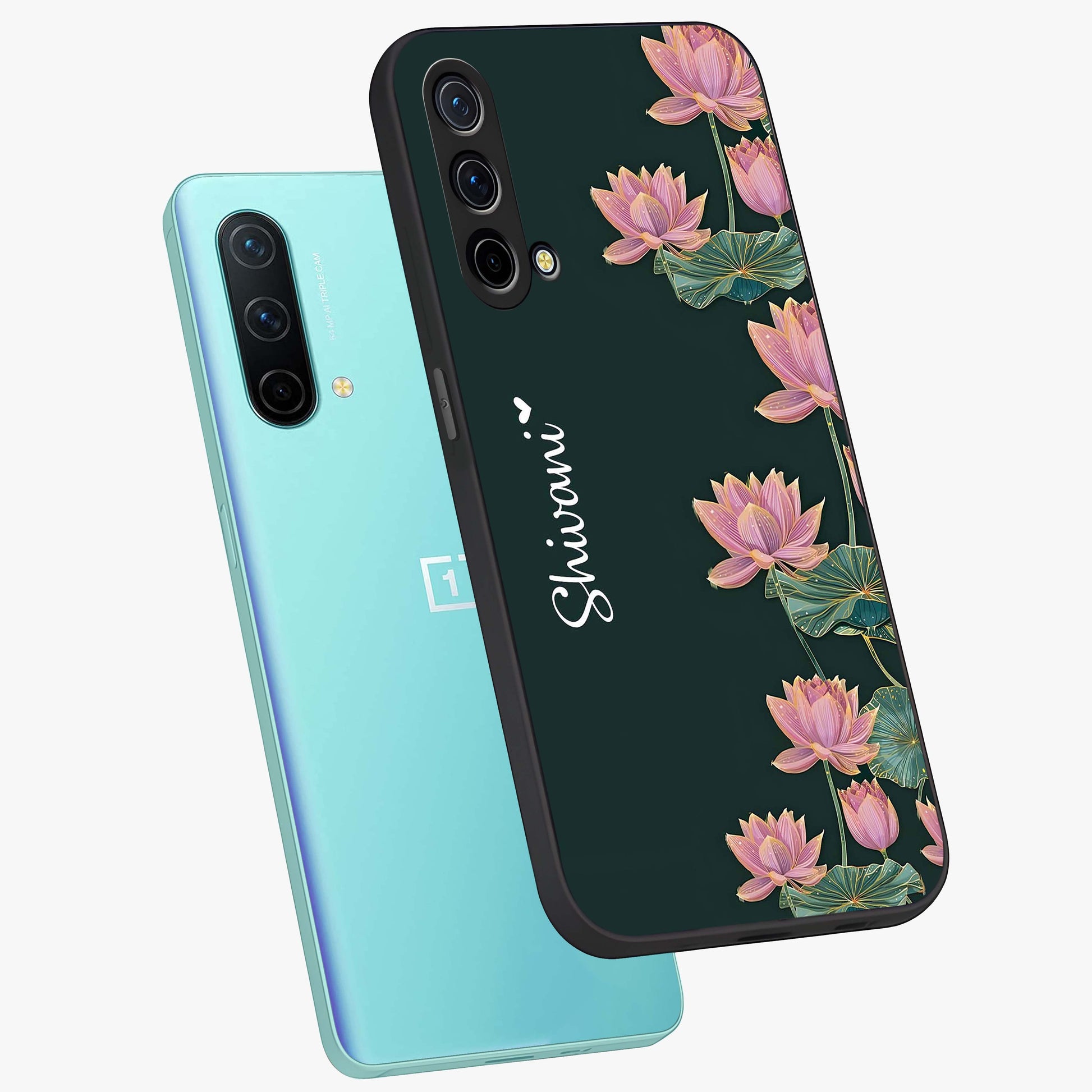 Lotus Bloom Serenity Custom Name Glass Case displayed in angled mockup highlighting graceful lotus illustration with custom name feature.