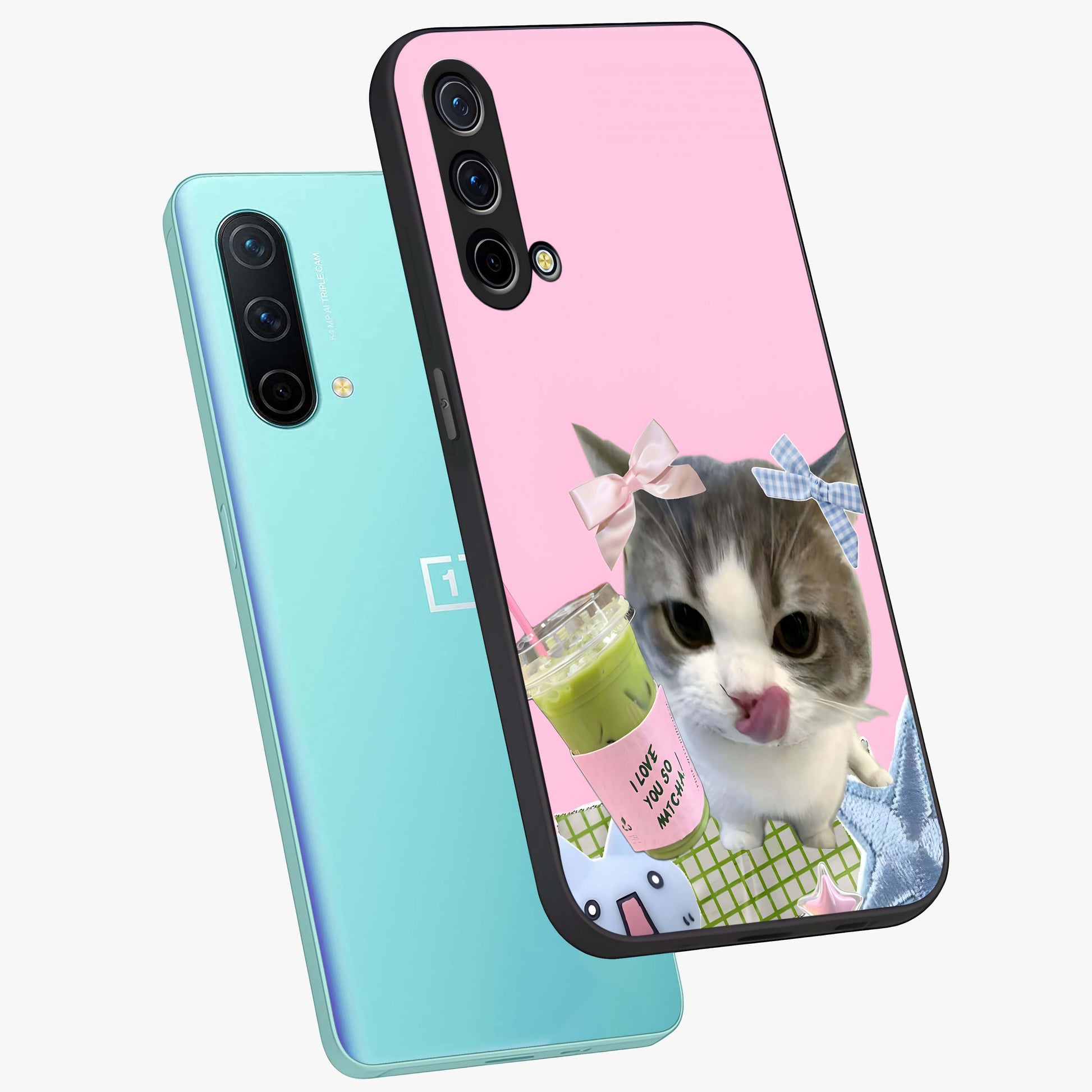 Love Matcha Cat Glass Case displayed in angled mockup highlighting playful feline illustration with cozy matcha aesthetic.