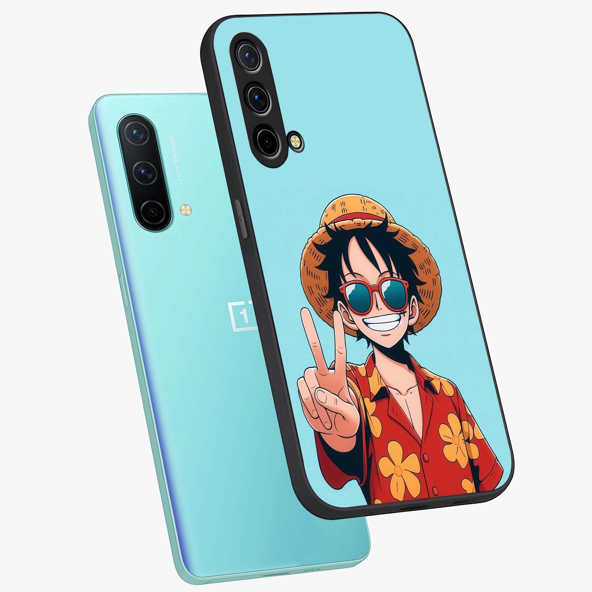 Luffy Summer Anime Vibe Glass Case displayed in angled mockup highlighting energetic anime illustration with summer vibe aesthetic.
