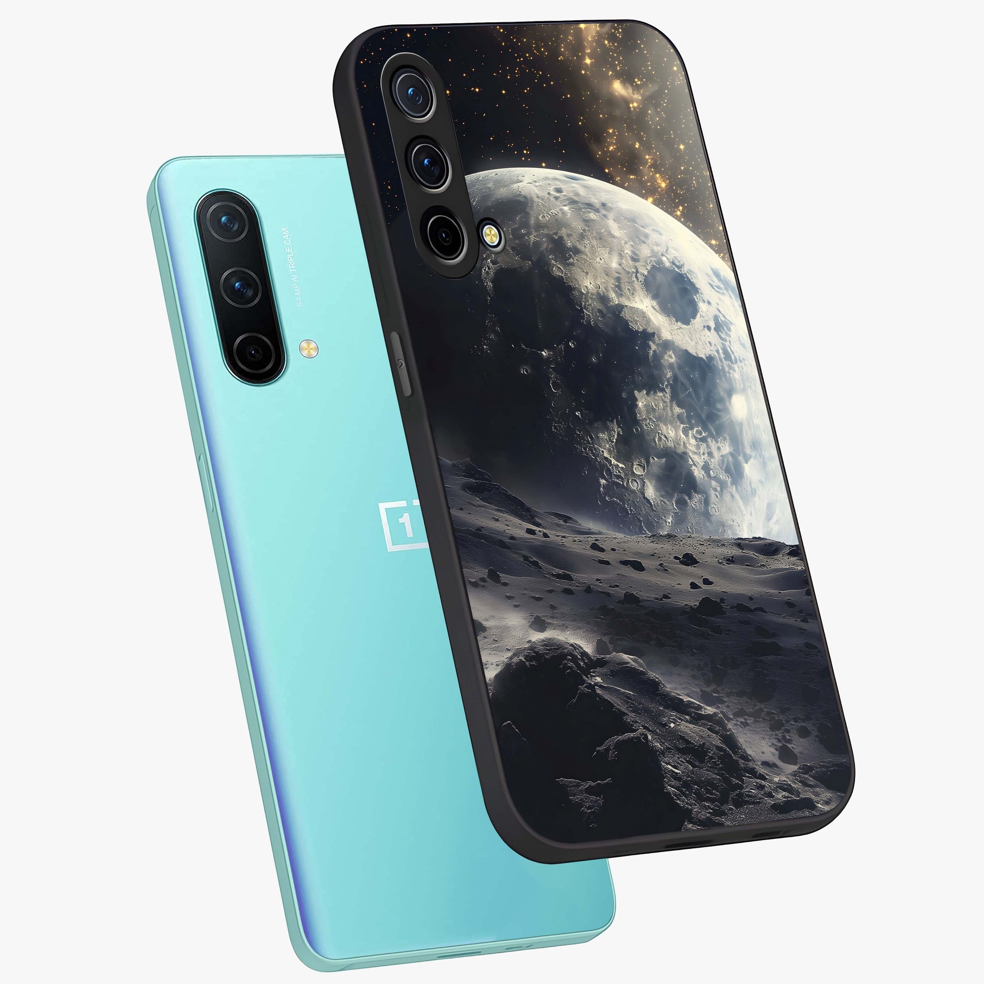 Lunar Horizon Glow Glass Case displayed in angled mockup highlighting celestial moon design with dreamy night aesthetic.