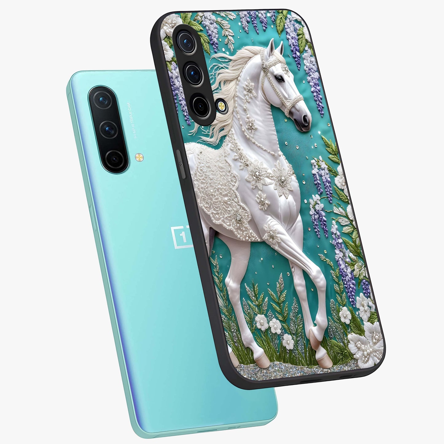 Majestic Floral Stallion Glass Case displayed in angled mockup highlighting majestic stallion illustration with elegant floral aesthetic.