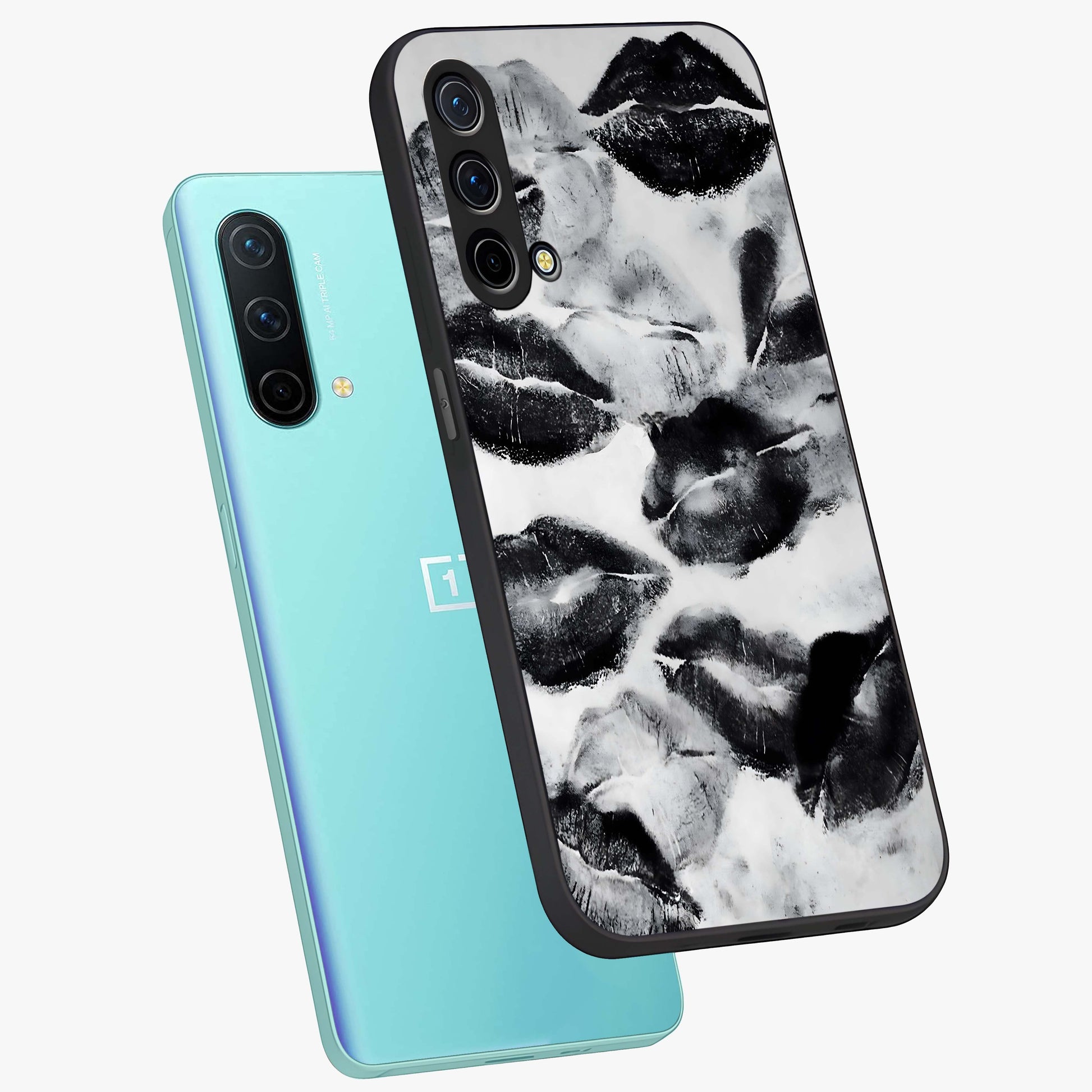 Midnight Kiss Marks Glass Case displayed in angled mockup highlighting playful romantic design with bold midnight aesthetic.
