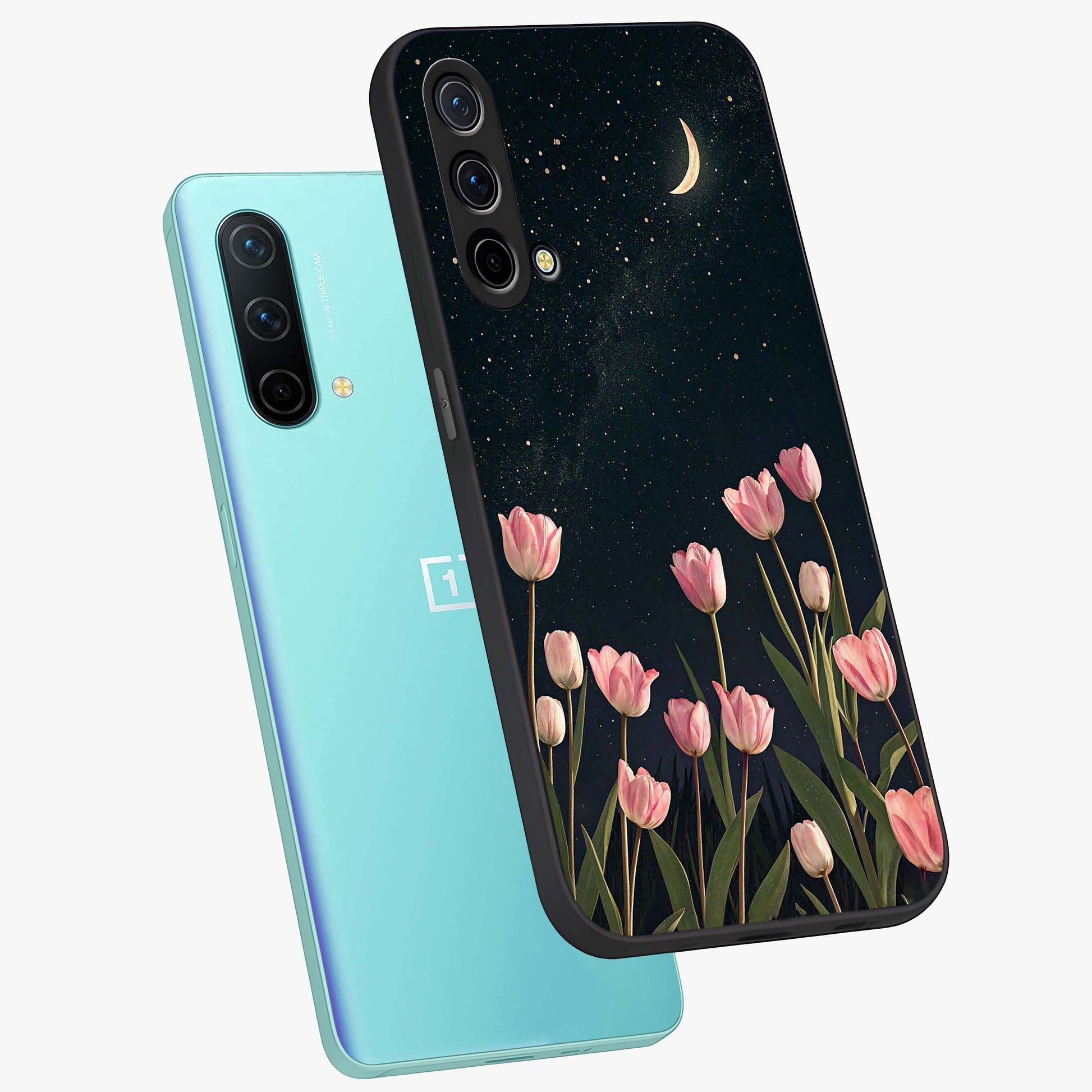 Midnight Tulip Whispers Vibe Glass Case displayed in angled mockup highlighting delicate tulip design with midnight floral aesthetic.