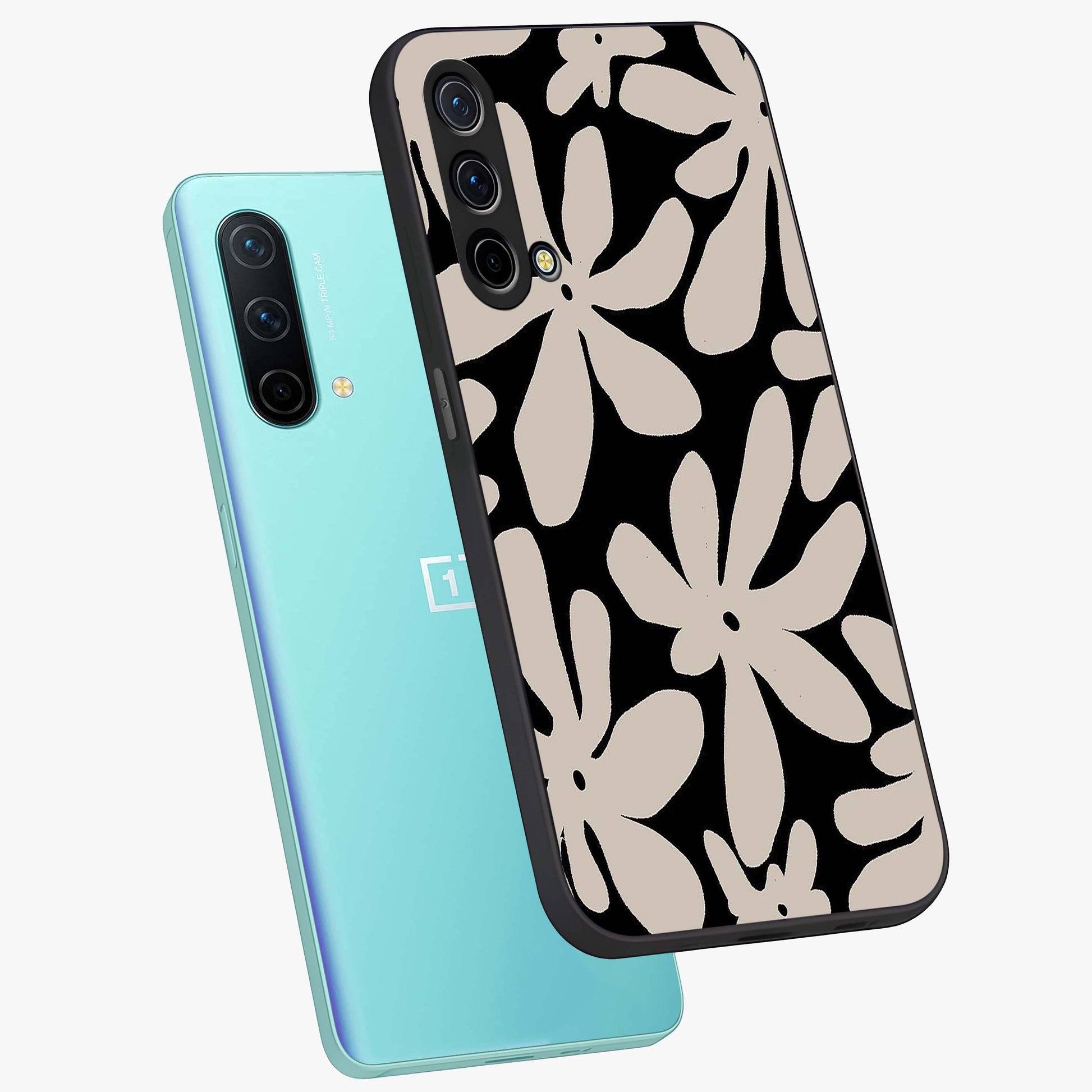 Monochrome Petal Dance Glass Case displayed in angled mockup highlighting elegant petal design with black and white aesthetic.
