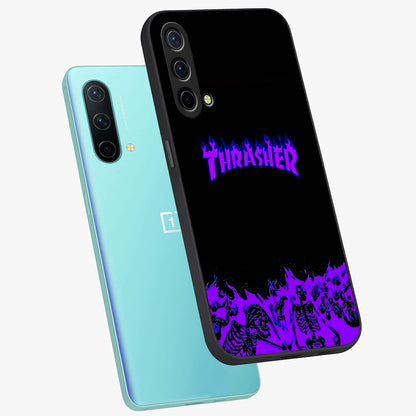 Neon Flame Riot Glass Case displayed in angled mockup highlighting glowing flame design with vibrant neon aesthetic.