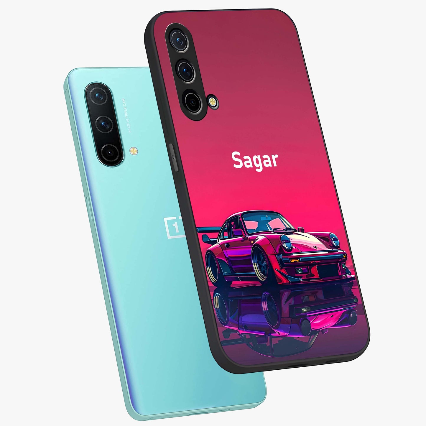 Neon Pink Porsche Glass Case displayed in angled mockup highlighting sleek neon pink car design with racing aesthetic.