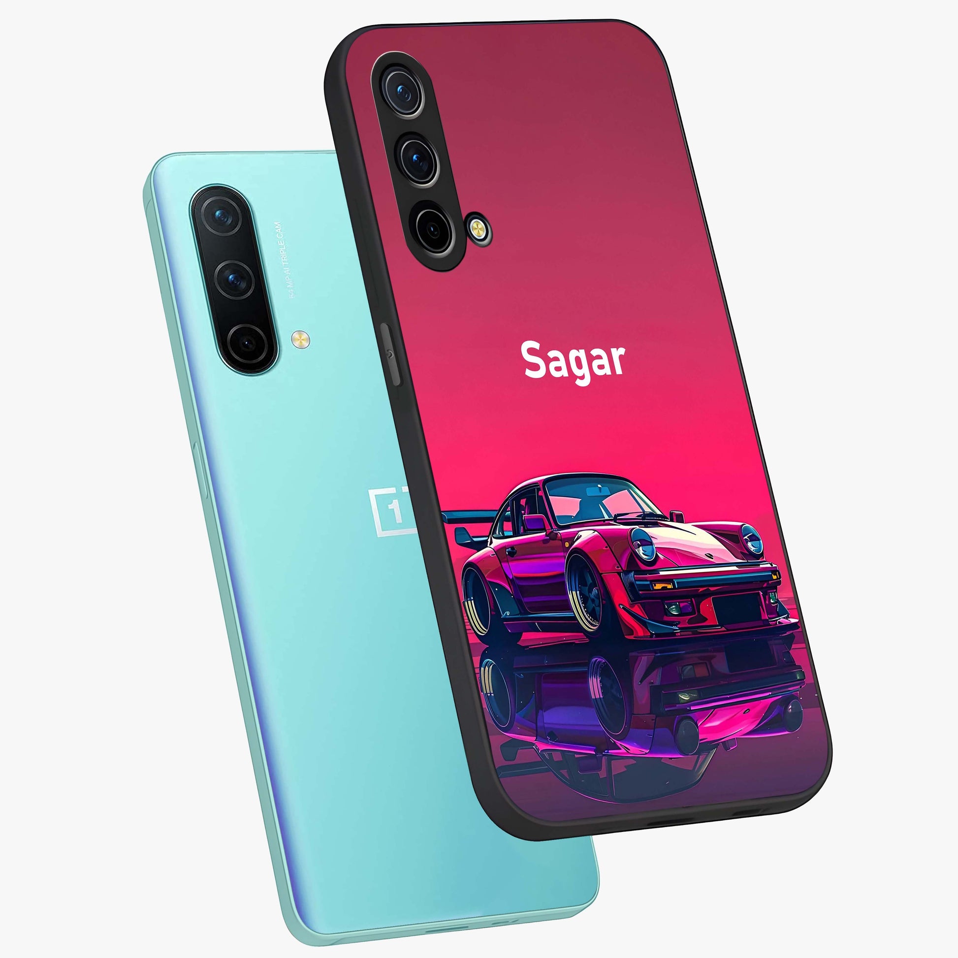 Neon Pink Porsche Glass Case displayed in angled mockup highlighting sleek neon pink car design with racing aesthetic.