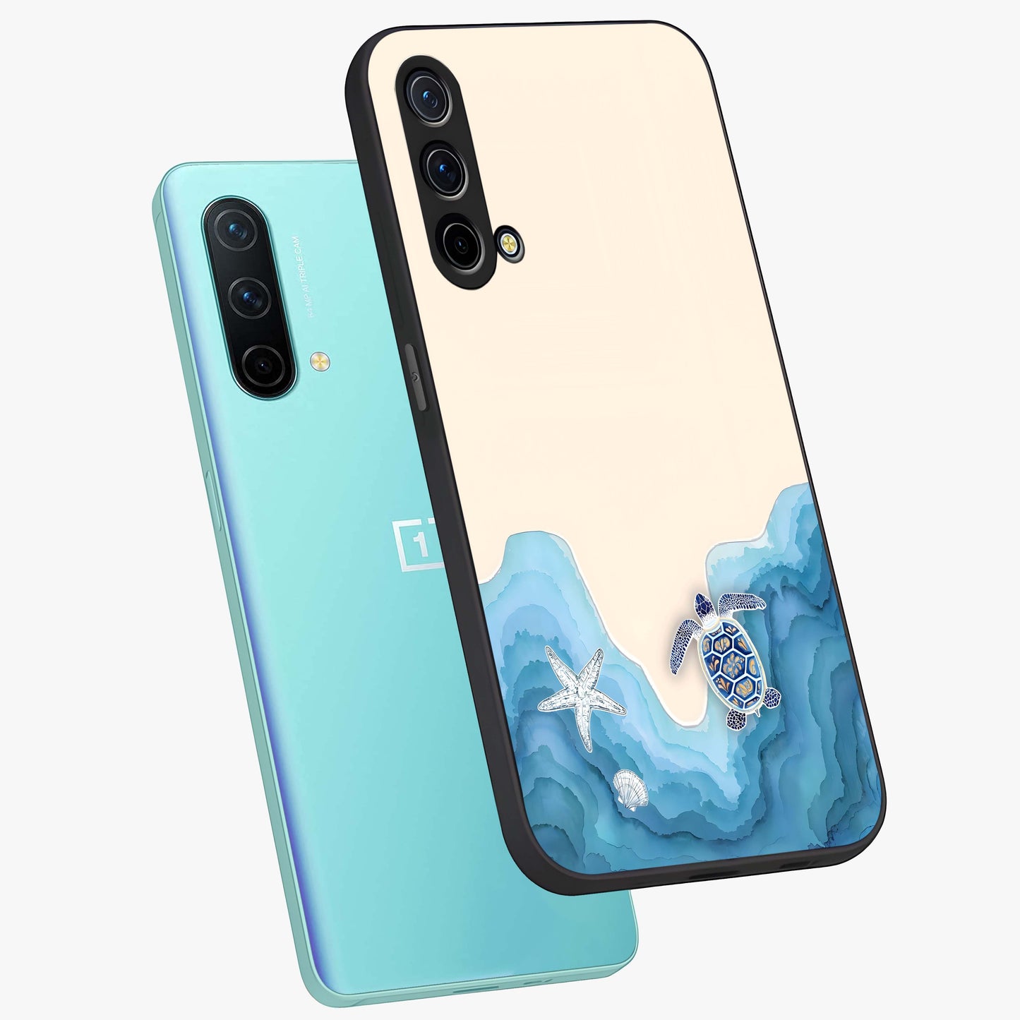 Ocean Drift Turtle Glass Case displayed in angled mockup highlighting peaceful ocean turtle illustration with marine aesthetic.