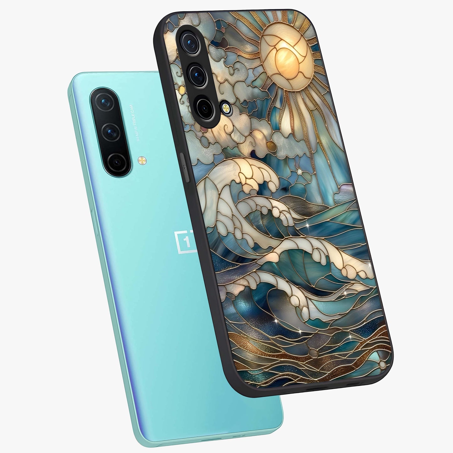 Oceanic Stained Printed Glass Case displayed in angled mockup highlighting colorful aquatic design with artistic aesthetic style.