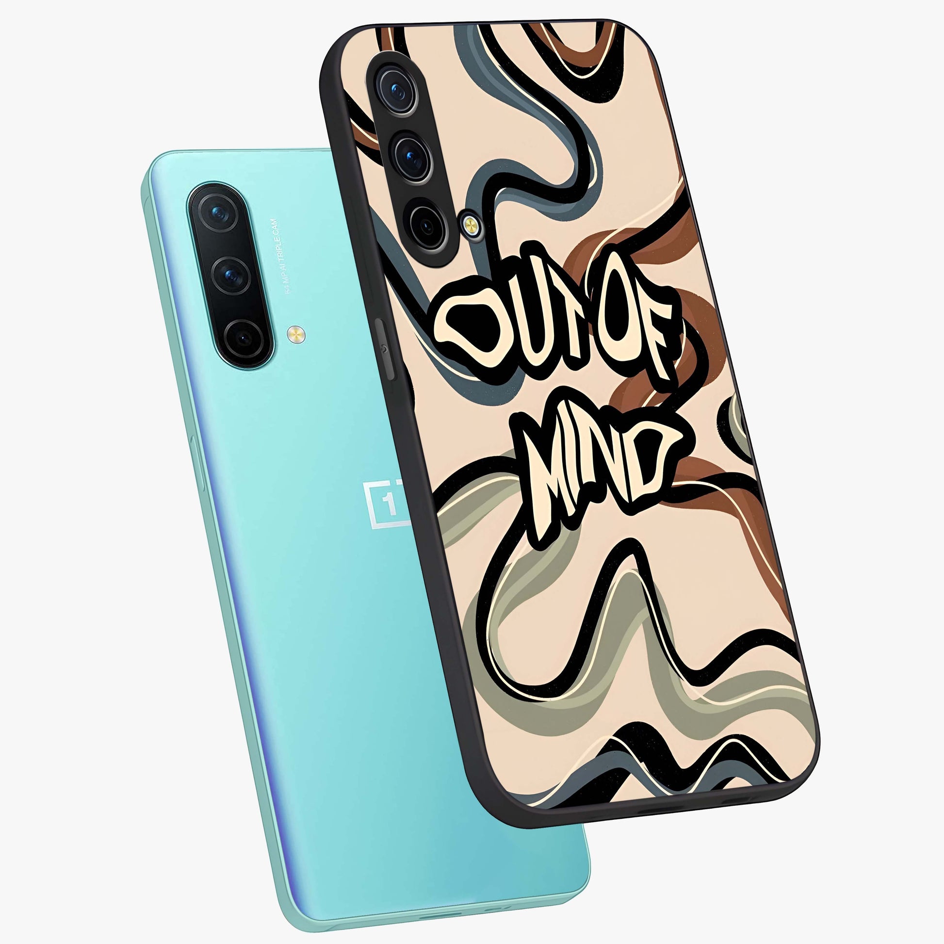 Out Of Mind Glass Case displayed in angled mockup highlighting bold statement design with modern artistic aesthetic.