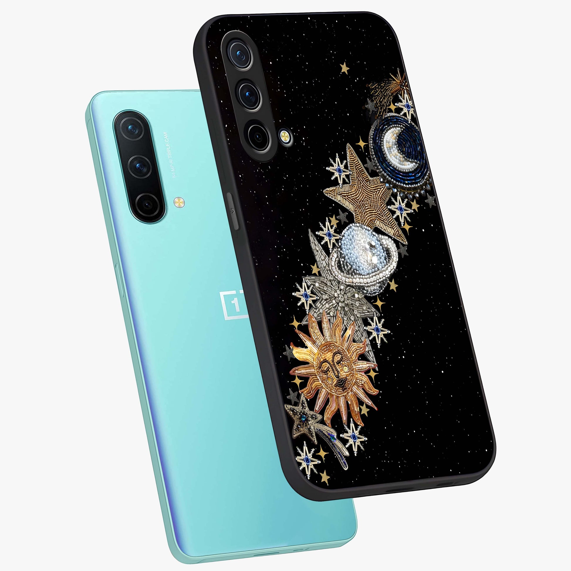 Pearls Universe Object Glass Case displayed in angled mockup highlighting celestial pearl design with dreamy aesthetic.
