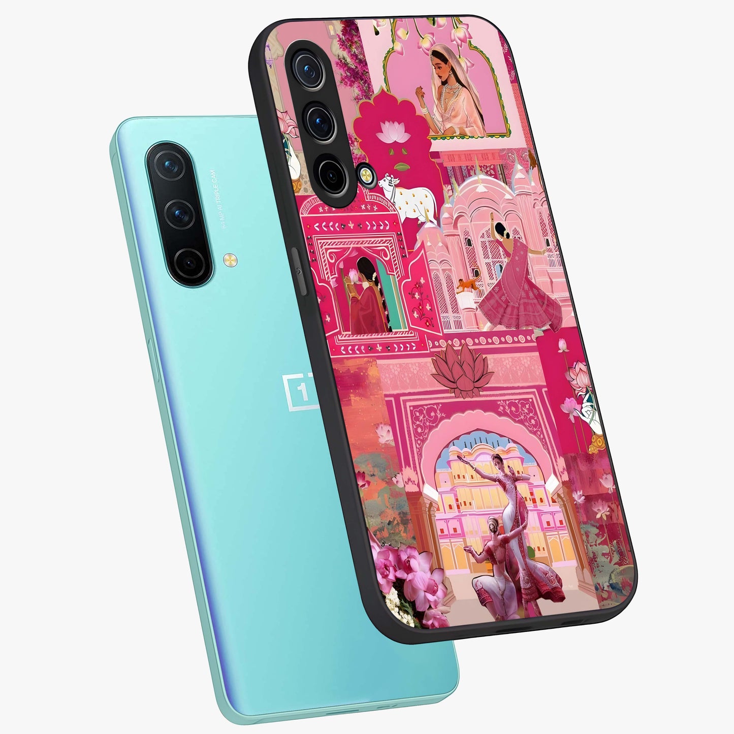 Pink Palace Muse Glass Case displayed in angled mockup highlighting dreamy palace illustration with soft pink aesthetic.
