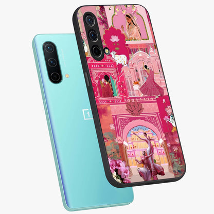 Pink Palace Muse Glass Case displayed in angled mockup highlighting dreamy palace illustration with soft pink aesthetic.