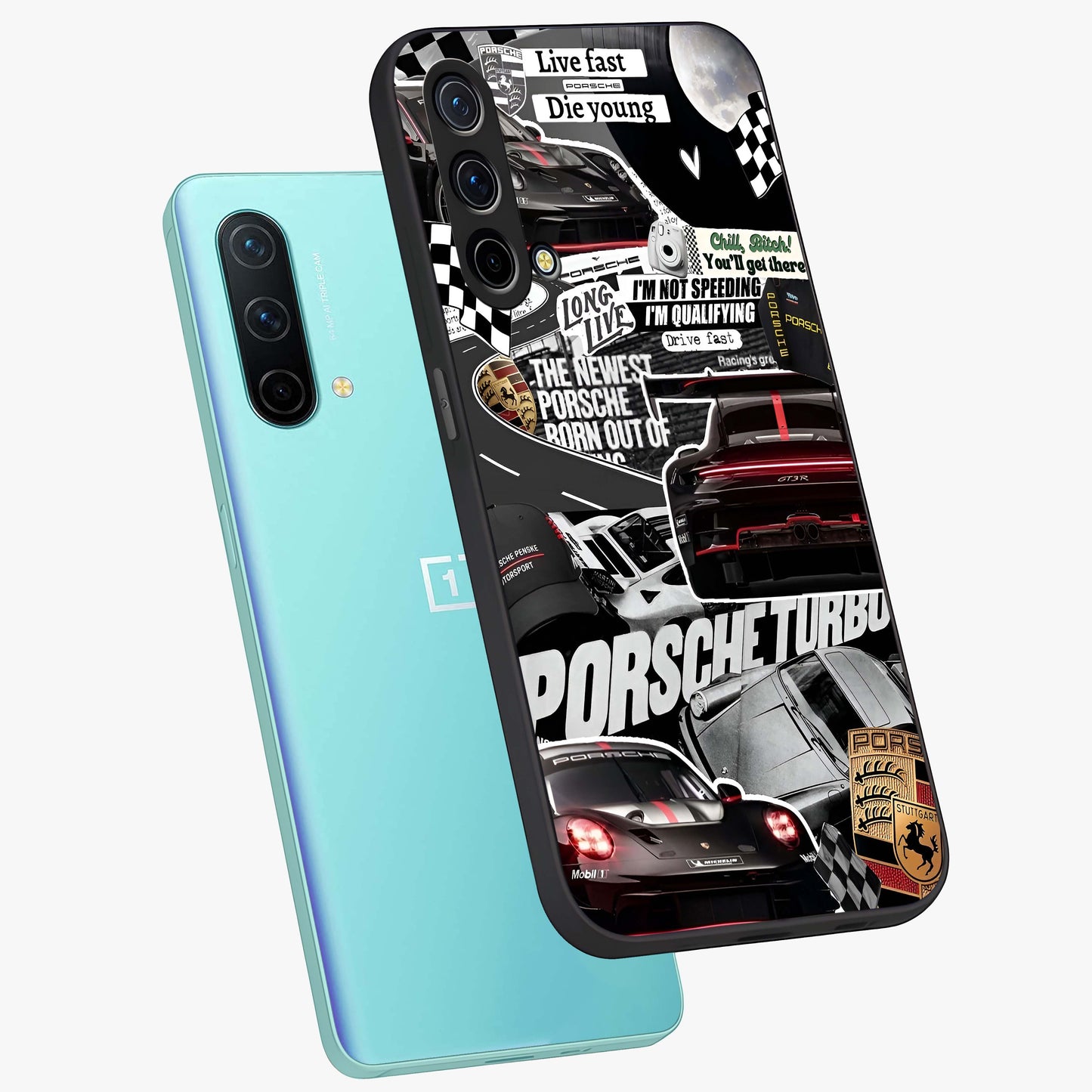Porsche Racing Collage Glass Case displayed in angled mockup highlighting dynamic automotive design with bold racing aesthetic.