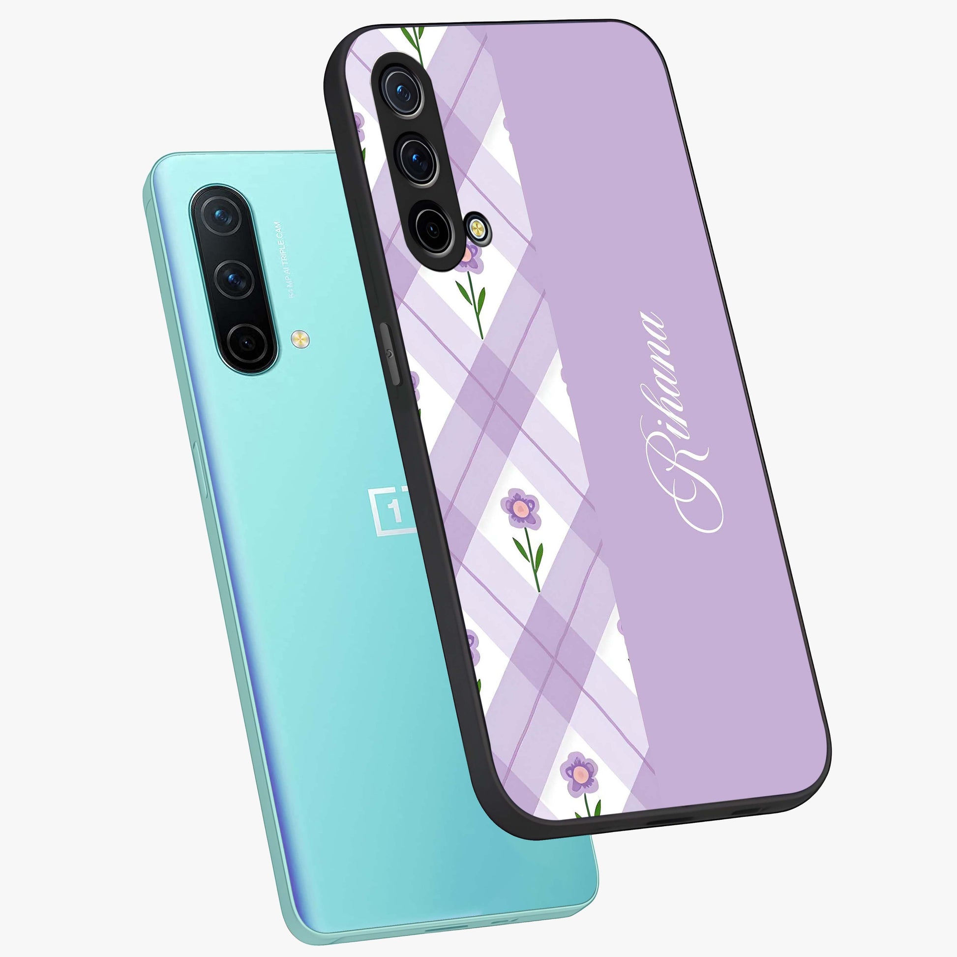 Purple Diamond Floral Glass Case displayed in angled mockup highlighting elegant purple flower design with decorative pattern.