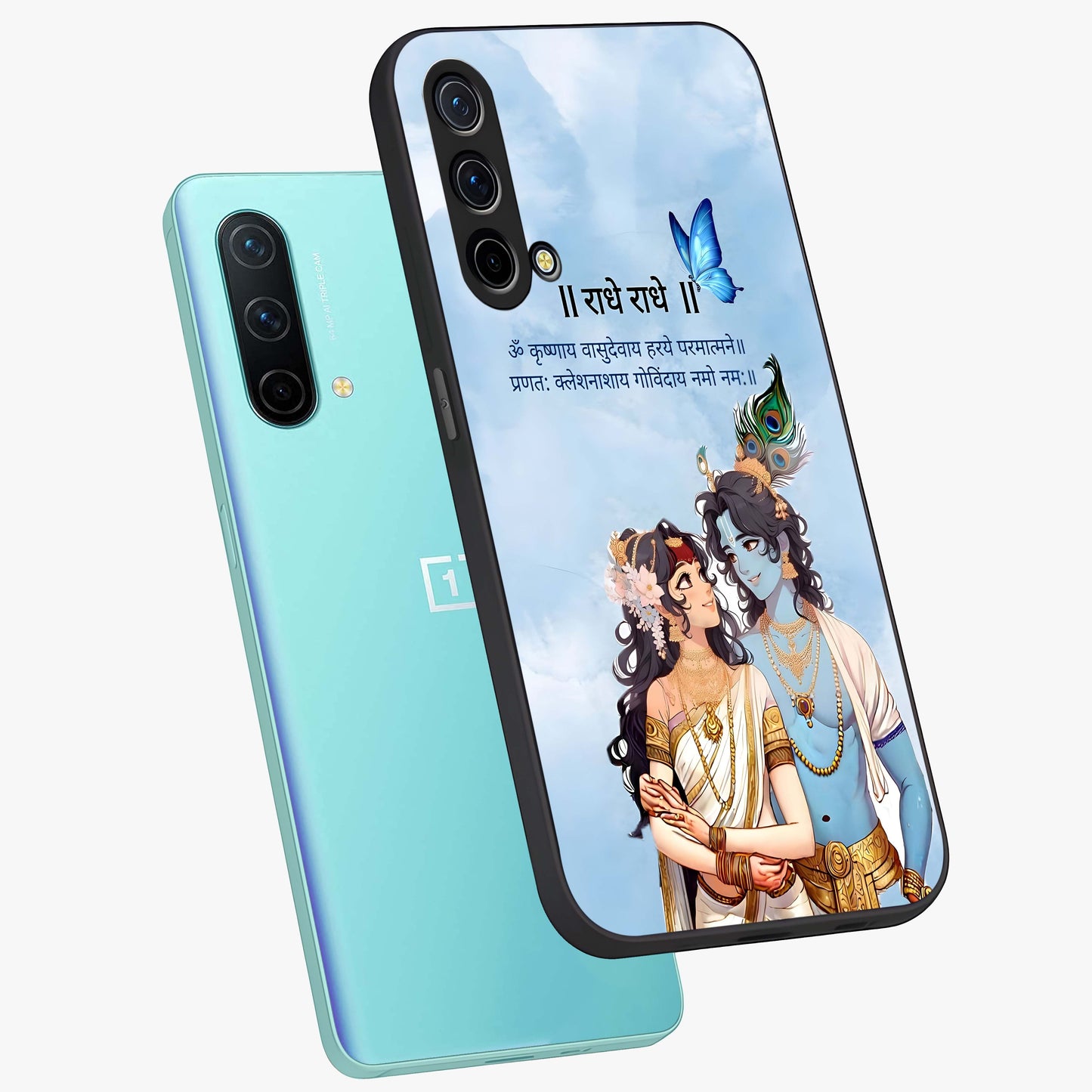 Radha Krishna Eternal Glass Case displayed in angled mockup highlighting divine Radha Krishna illustration with spiritual aesthetic.