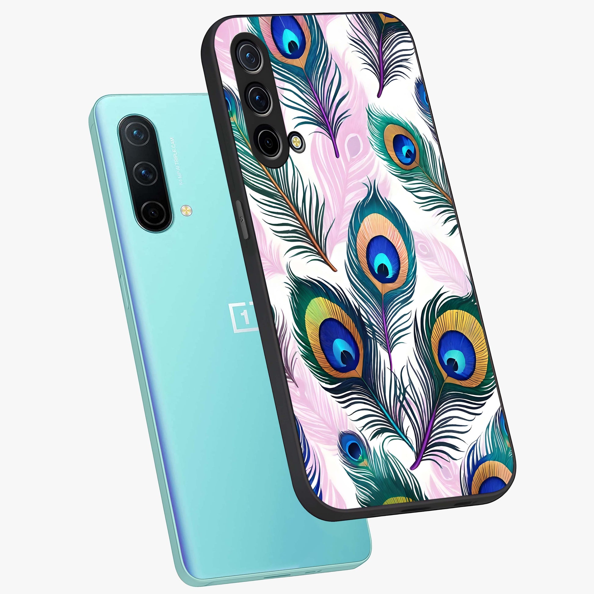 Royal Peacock Feathers Glass Case displayed in angled mockup highlighting vibrant feather pattern with regal aesthetic style.