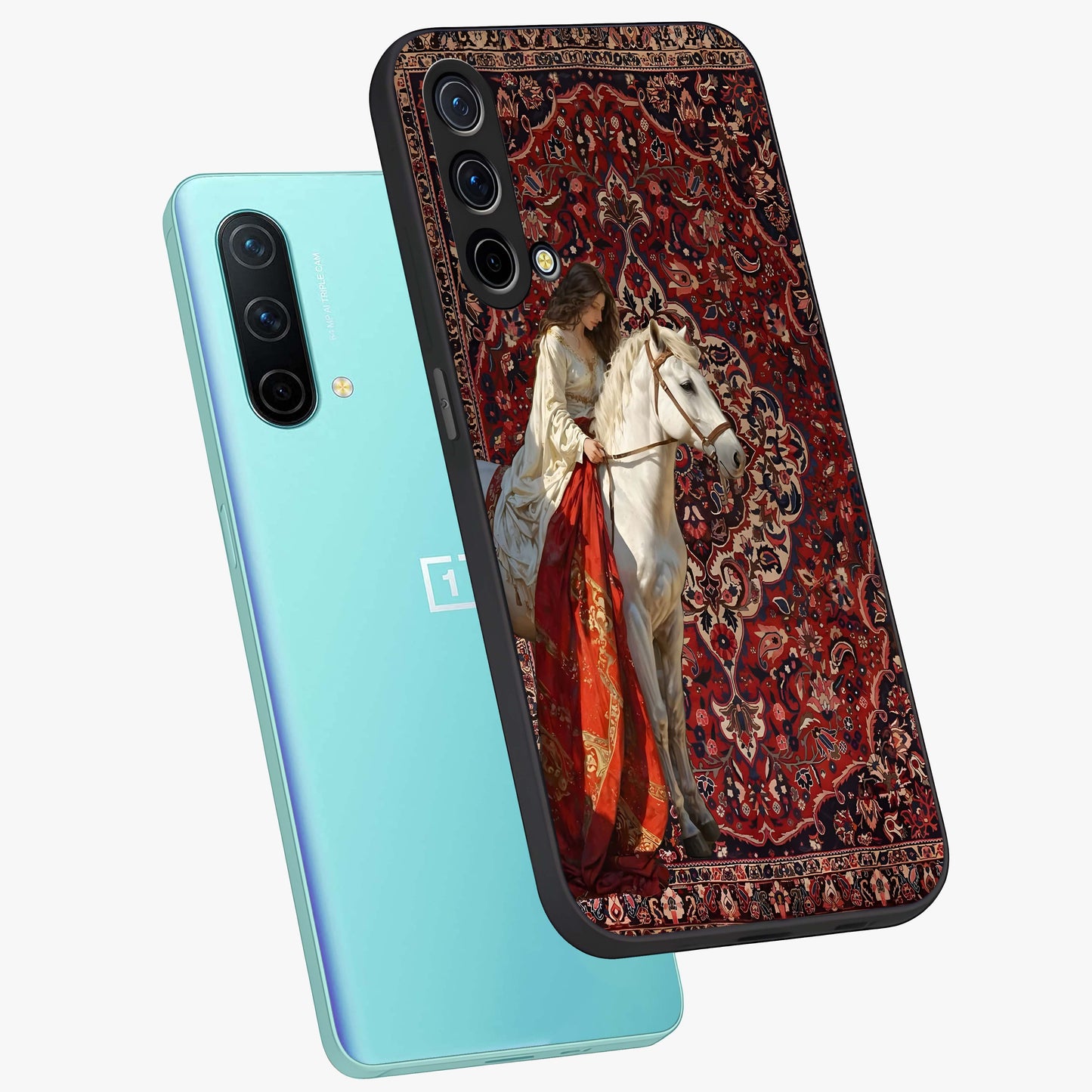 Royal Rider Tapestry Glass Case displayed in angled mockup highlighting traditional tapestry design with royal heritage aesthetic.