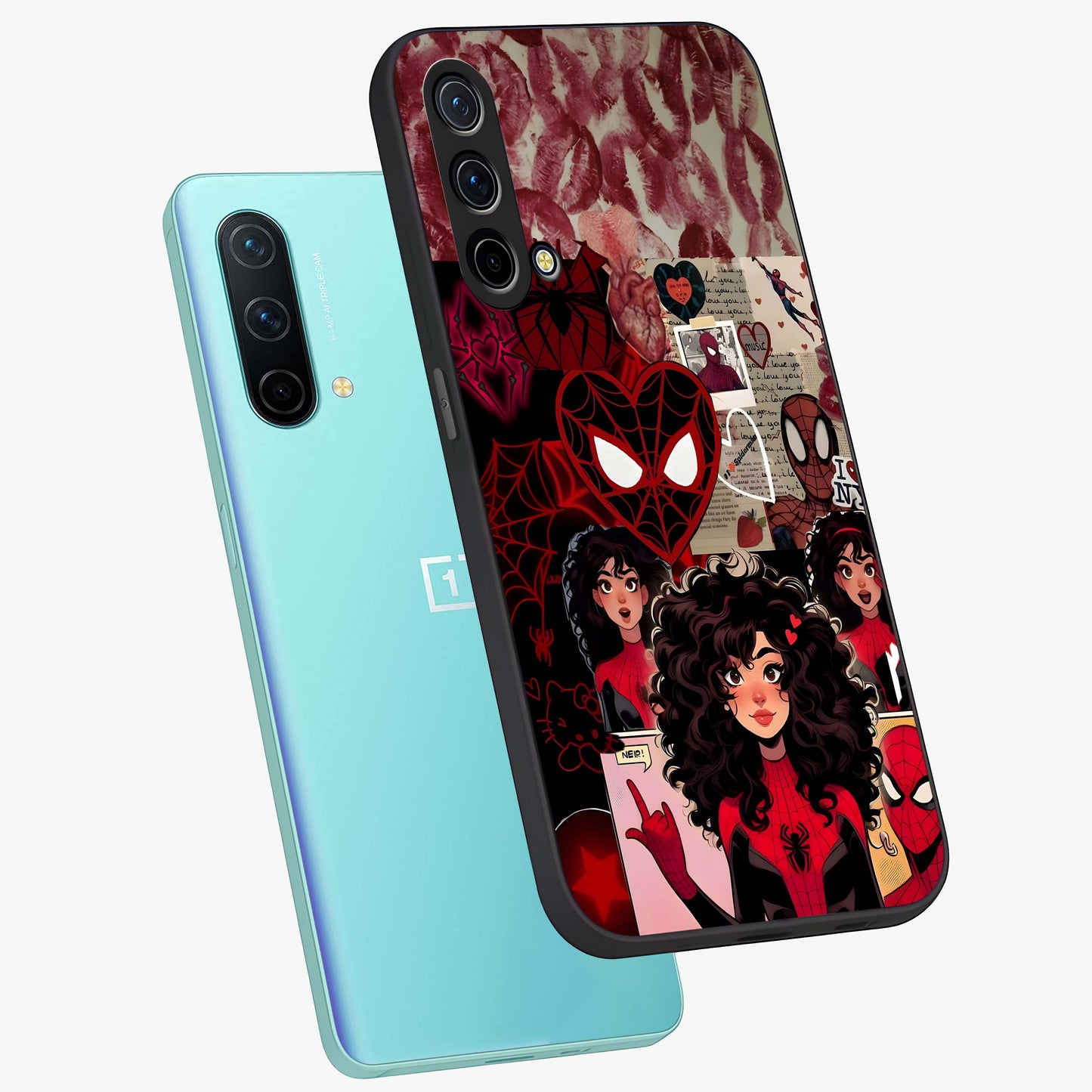 Spider Love Story Glass Case displayed in angled mockup highlighting expressive comic inspired design with playful aesthetic.