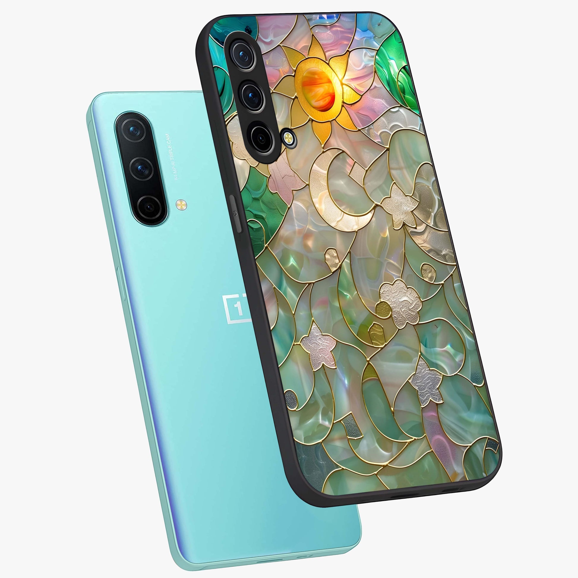 Stained Sunrise Glow Glass Case displayed in angled mockup highlighting radiant sunrise design with artistic aesthetic style.