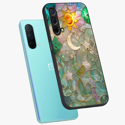 Stained Sunrise Glow Glass Case displayed in angled mockup highlighting radiant sunrise design with artistic aesthetic style.