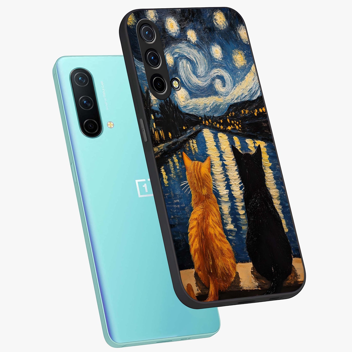 Starry River Cats Glass Case displayed in angled mockup highlighting charming feline illustration with dreamy night aesthetic.