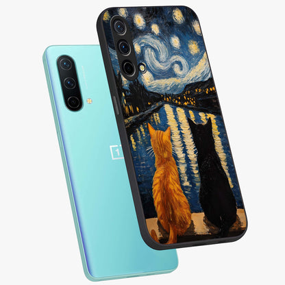 Starry River Cats Glass Case displayed in angled mockup highlighting charming feline illustration with dreamy night aesthetic.