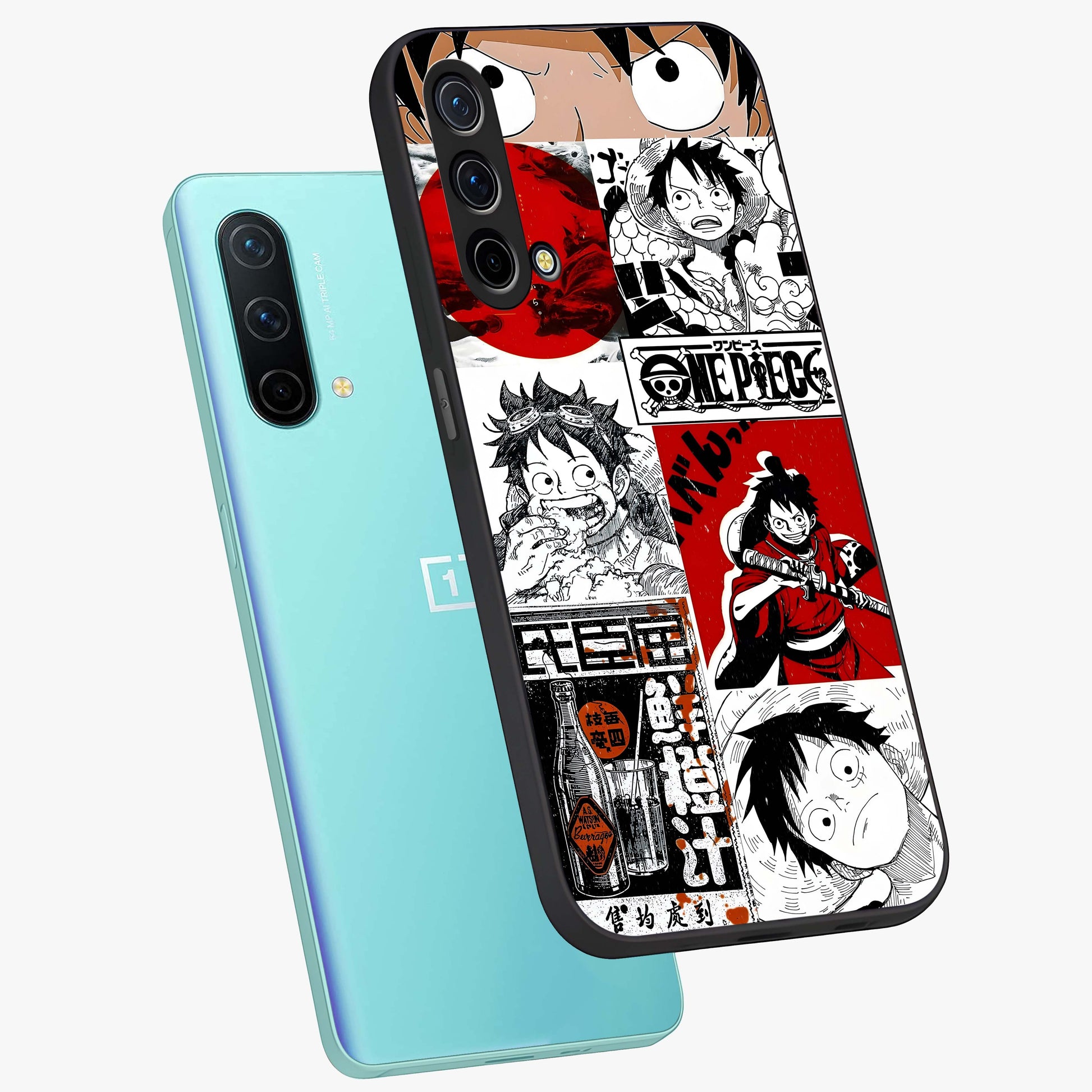 Strawhat Chaos Panels Glass Case displayed in angled mockup highlighting vibrant anime collage design with action aesthetic.