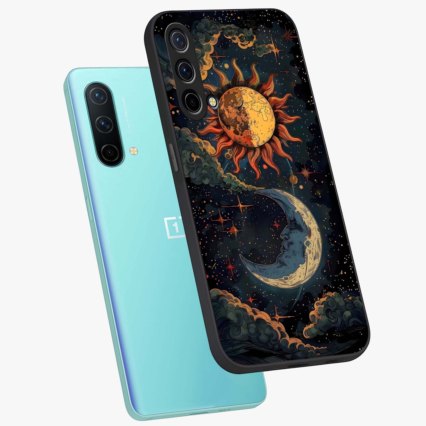 Sun And Moon Magic Design Glass Case displayed in angled mockup highlighting celestial design with magical cosmic aesthetic.