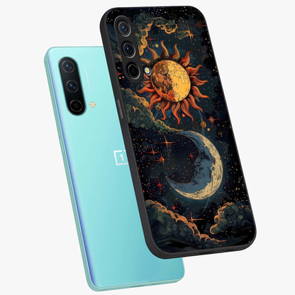 Sun And Moon Magic Design Glass Case displayed in angled mockup highlighting celestial design with magical cosmic aesthetic.