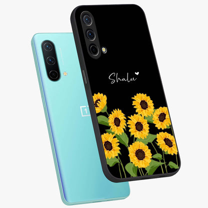 Sunflower Chic Mood Custom Name Glass Case displayed in angled mockup highlighting vibrant sunflower design with custom name feature.