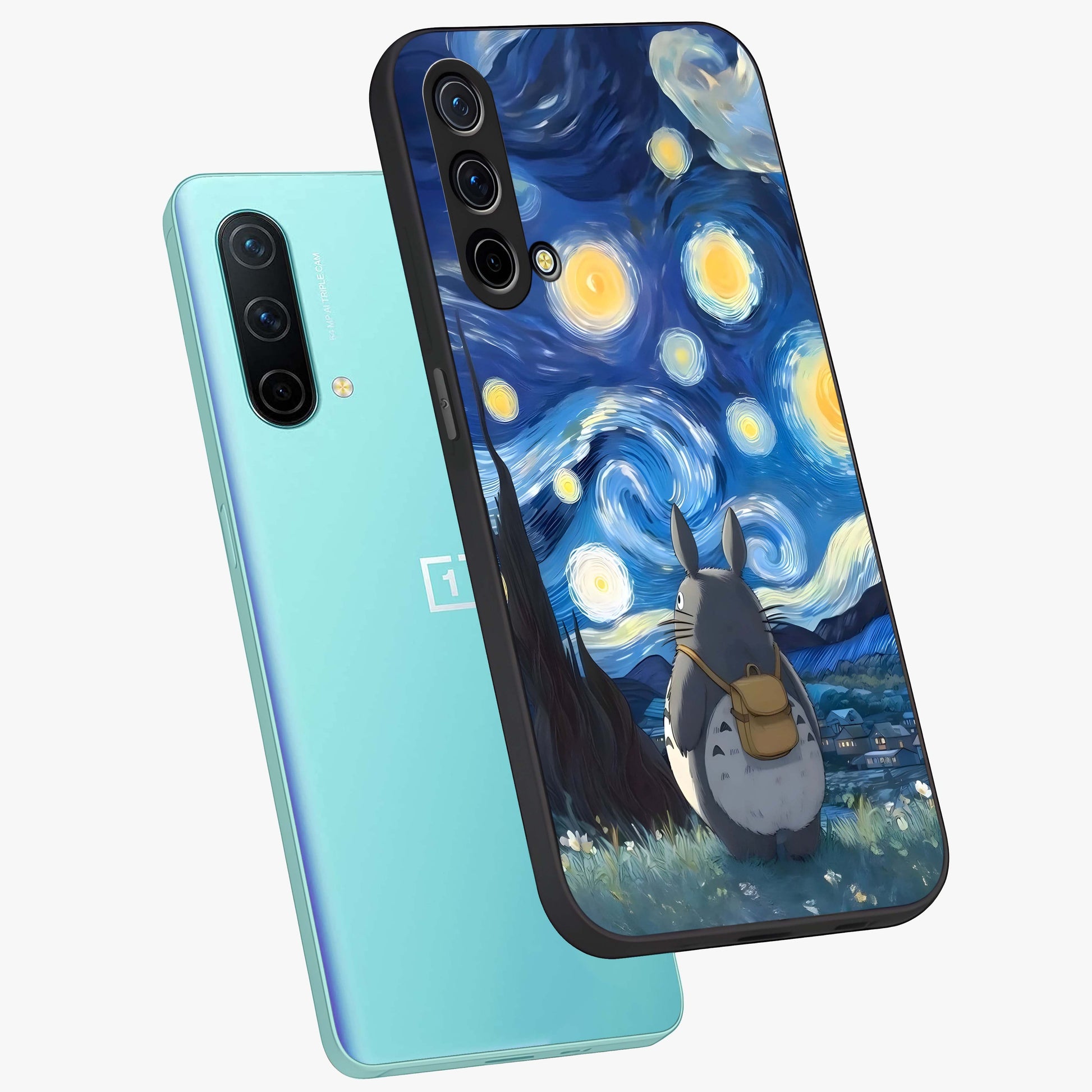 Totoro In Van Gogh Art Glass Case displayed in angled mockup highlighting artistic swirling sky design with playful animation aesthetic.
