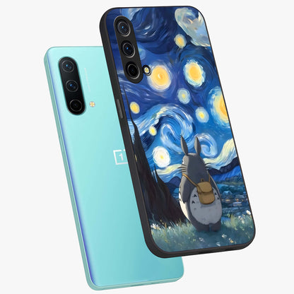 Totoro In Van Gogh Art Glass Case displayed in angled mockup highlighting artistic swirling sky design with playful animation aesthetic.