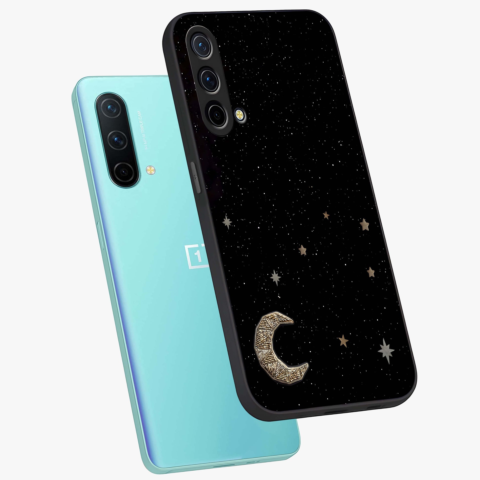 Twinkle Star With Half Moon Glass Case displayed in angled mockup highlighting celestial moon and star design with magical aesthetic.