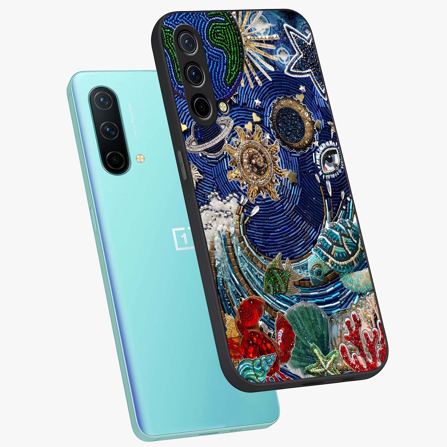 Universe Underwater Spark Glass Case displayed in angled mockup highlighting glowing aquatic design with celestial aesthetic.
