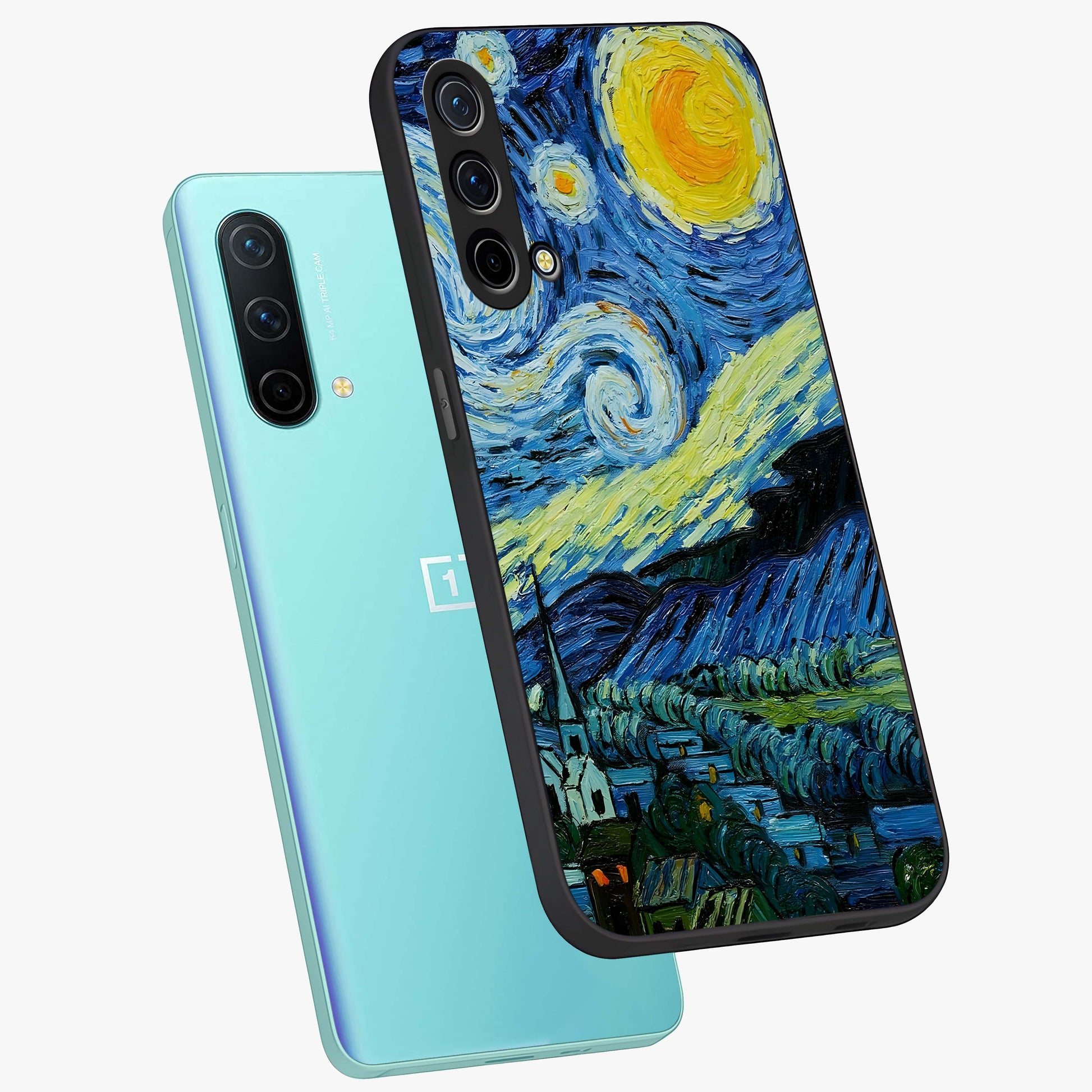 Van Gogh Art Glass Case displayed in angled mockup highlighting swirling brushstroke design with artistic aesthetic.