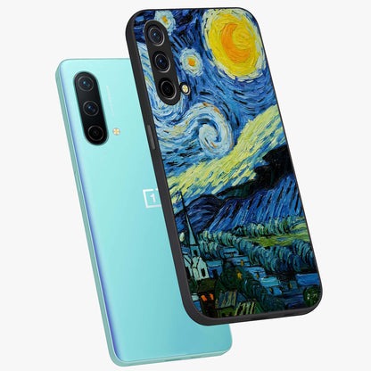 Van Gogh Art Glass Case displayed in angled mockup highlighting swirling brushstroke design with artistic aesthetic.